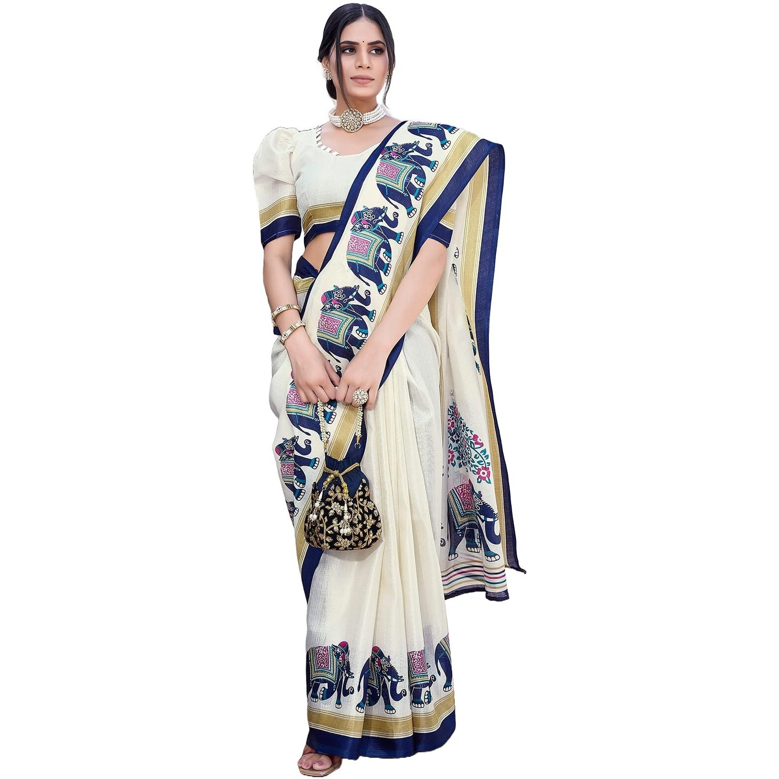 Yashika Women's Art Silk Saree Printed Saree With Unstitched Blouse Material - Suitable For All Indian Occasions and Festivals (AZ-YS-OG-KALAMKARI 11 NAVY)