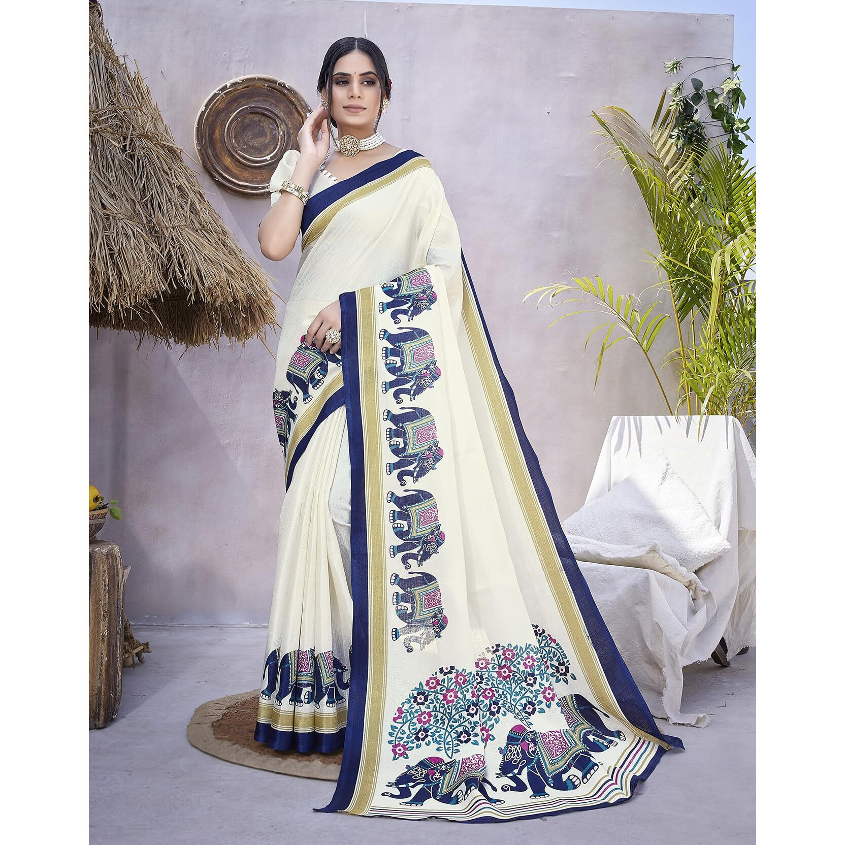 Yashika Women's Art Silk Saree Printed Saree With Unstitched Blouse Material - Suitable For All Indian Occasions and Festivals (AZ-YS-OG-KALAMKARI 11 NAVY)