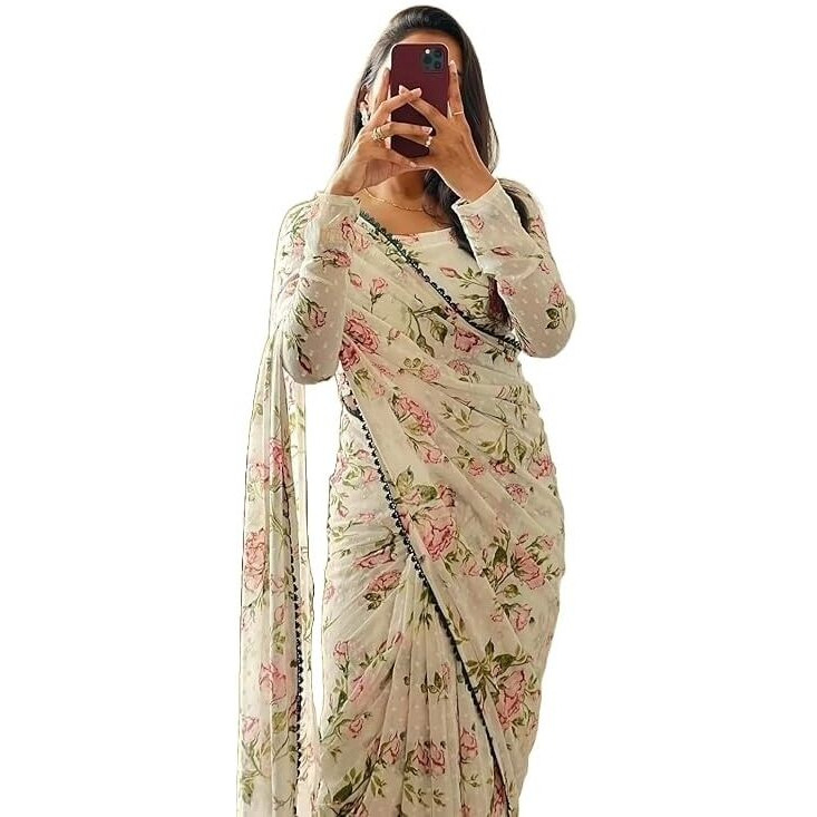 Yashika Women's Floral Printed Georgette Butti Work Saree with Unstitched Blouse Material (AZ-YS-OG1-BIMBIKA Peach