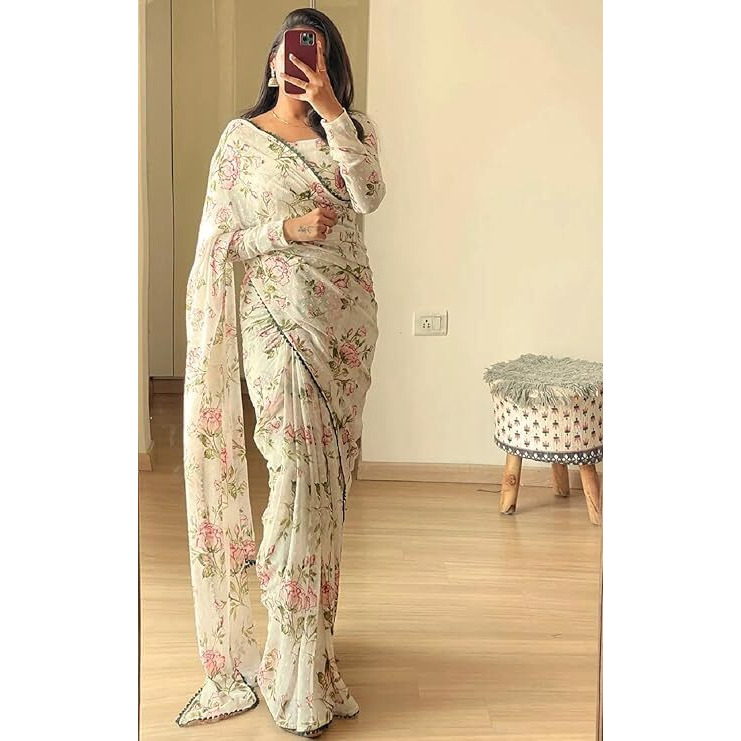 Yashika Women's Floral Printed Georgette Butti Work Saree with Unstitched Blouse Material (AZ-YS-OG1-BIMBIKA Peach