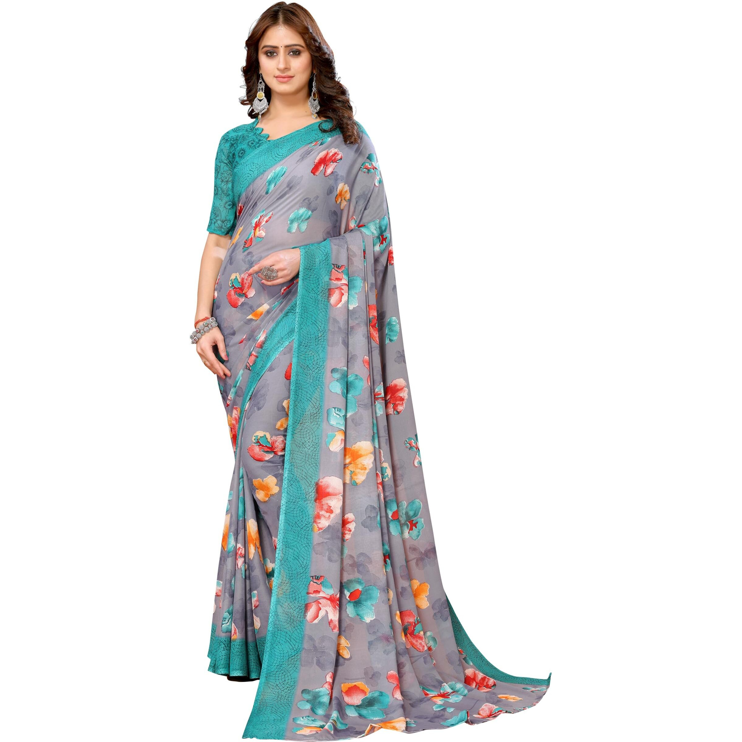 Yashika Women's Trendy Georgette Rama Color Saree with Blouse Material(AMINA RAMA)