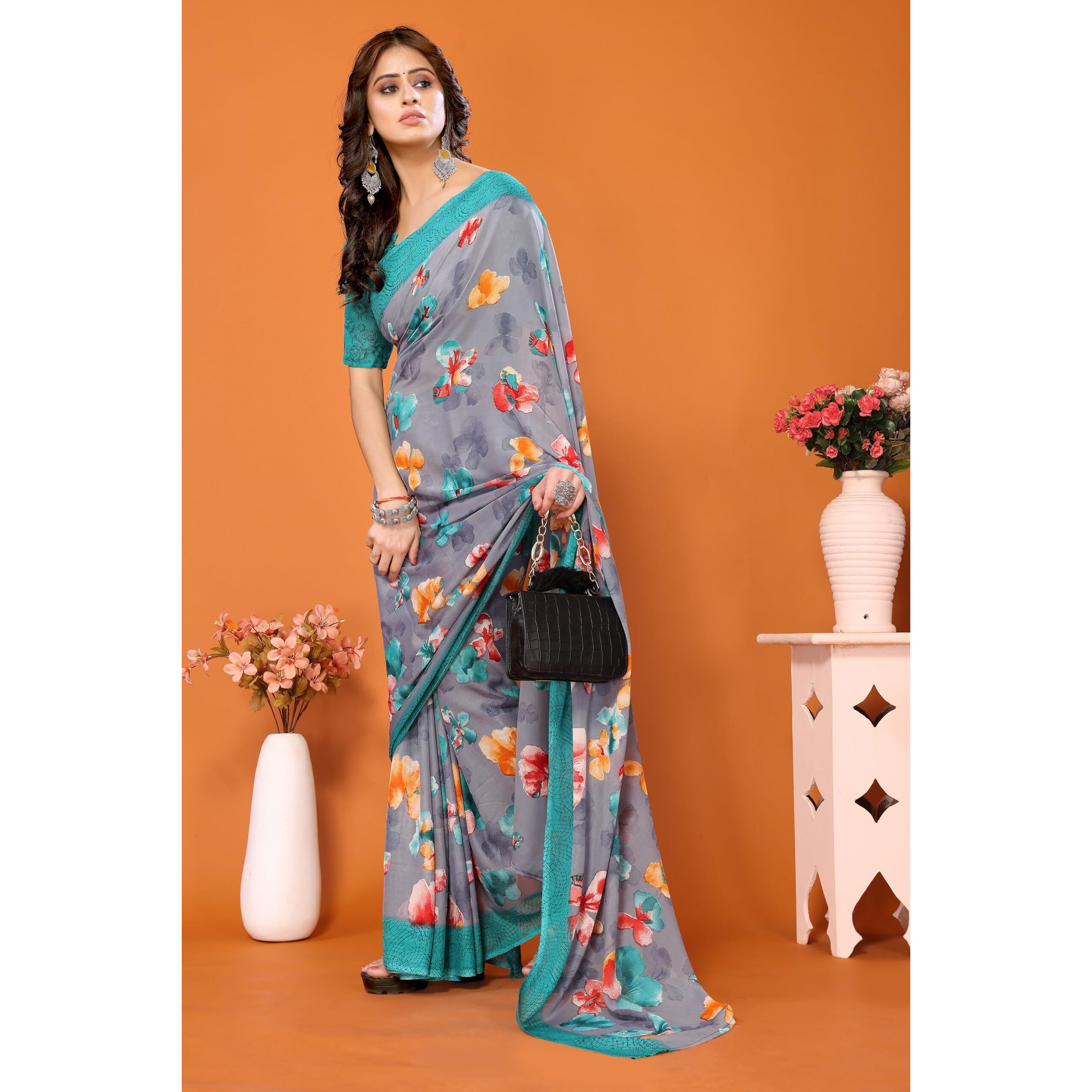 Yashika Women's Trendy Georgette Rama Color Saree with Blouse Material(AMINA RAMA)