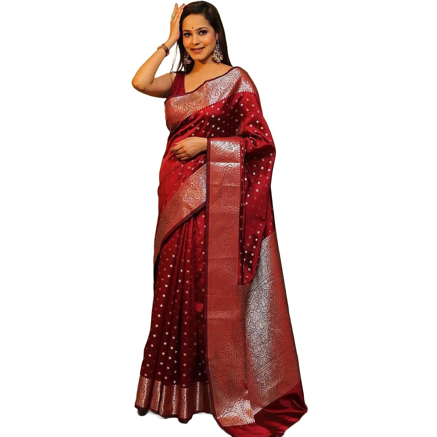 Yashika Women's Banarasi Kanjivaram Cotton Silk Woven Saree with Unstitched Blouse Material (AZ-YS-OG-SIMMI MAROON)