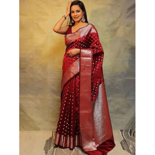 Yashika Women's Banarasi Kanjivaram Cotton Silk Woven Saree with Unstitched Blouse Material (AZ-YS-OG-SIMMI MAROON)