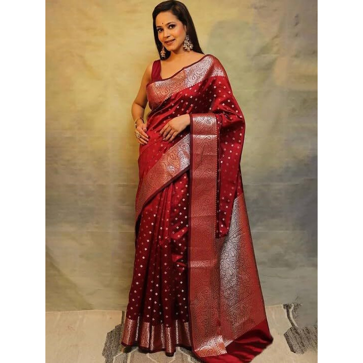 Yashika Women's Banarasi Kanjivaram Cotton Silk Woven Saree with Unstitched Blouse Material (AZ-YS-OG-SIMMI MAROON)