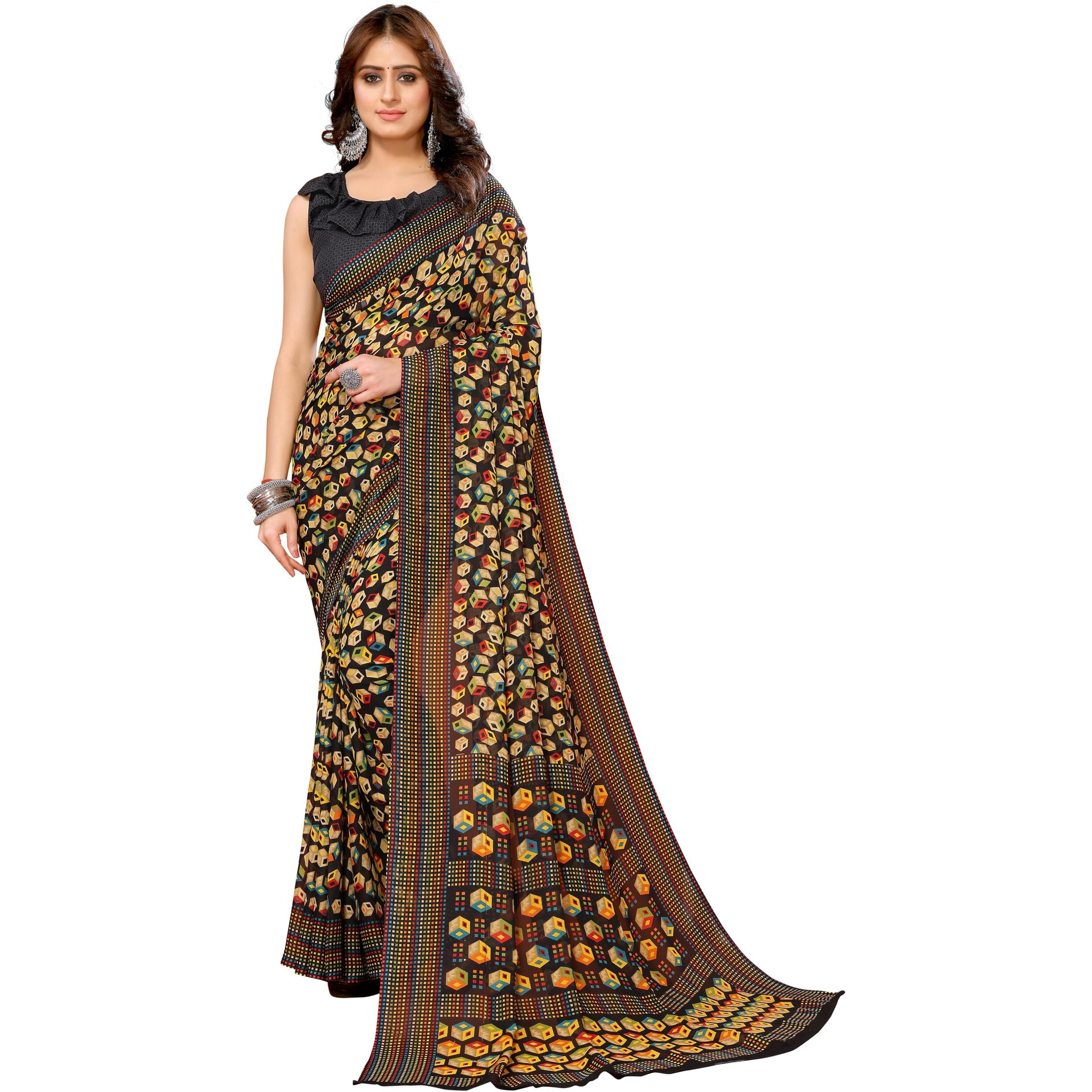 Yashika Women's Trendy Georgette Black Color Saree with Blouse Material(JUNALI BLACK)