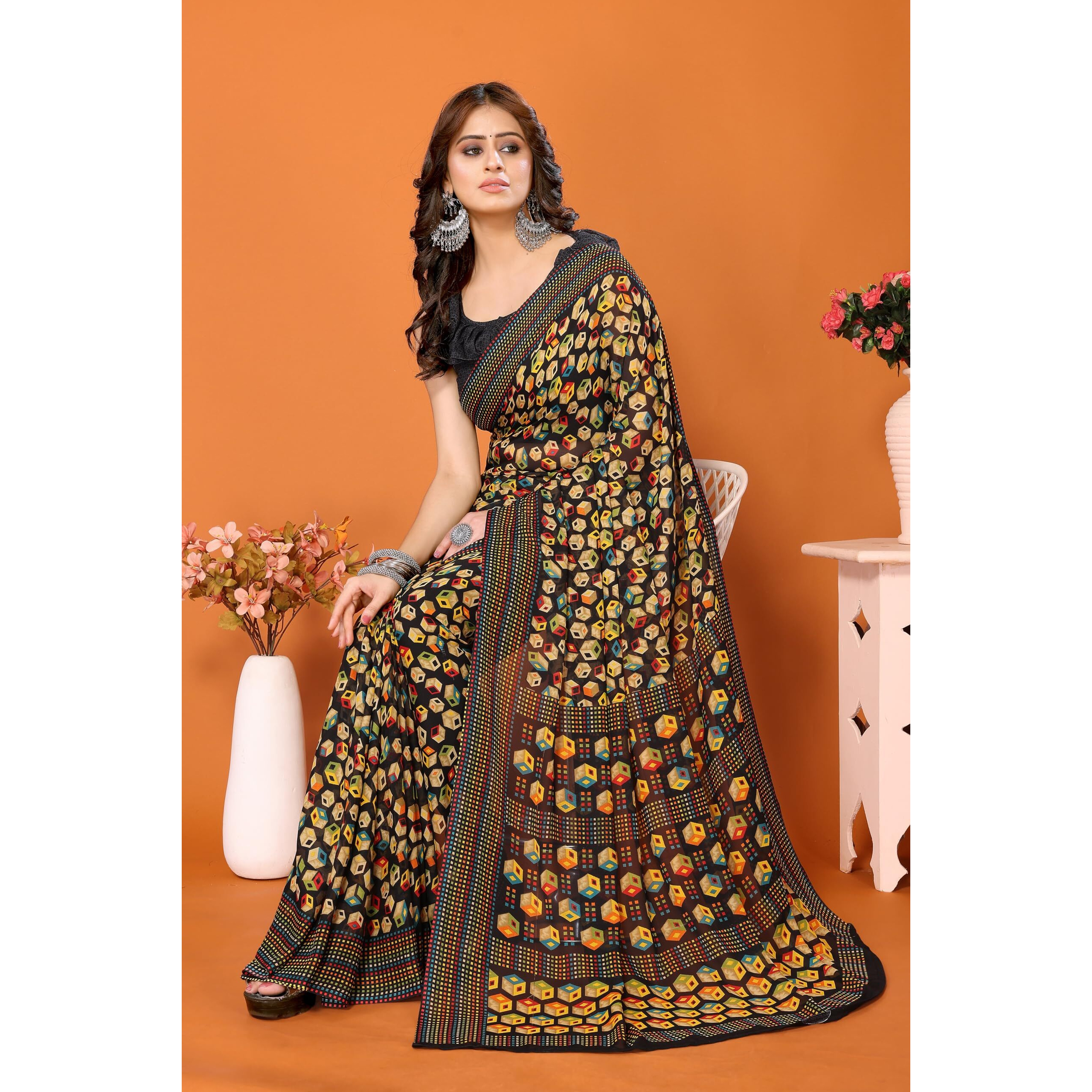 Yashika Women's Trendy Georgette Black Color Saree with Blouse Material(JUNALI BLACK)