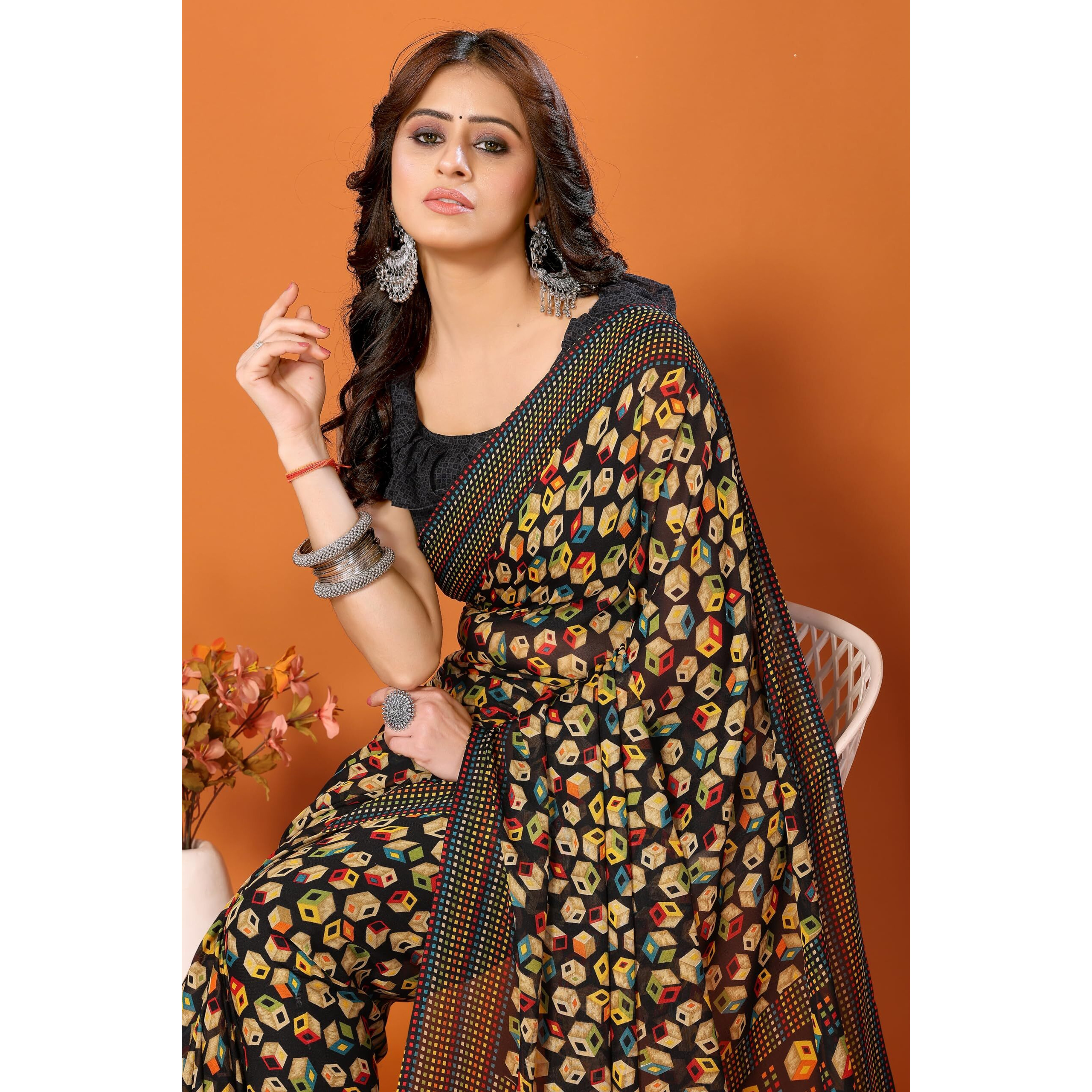 Yashika Women's Trendy Georgette Black Color Saree with Blouse Material(JUNALI BLACK)