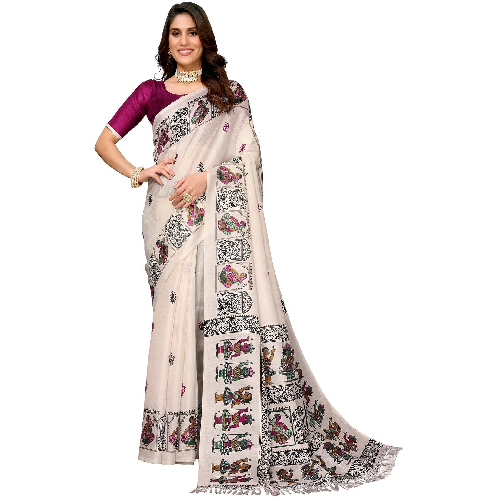 Yashika Women's Woven Latest Art Silk and Tassels Saree with Unstitched Blouse Material (AZ-YS-P1-NAFIZA-Parent_Cream Purple)