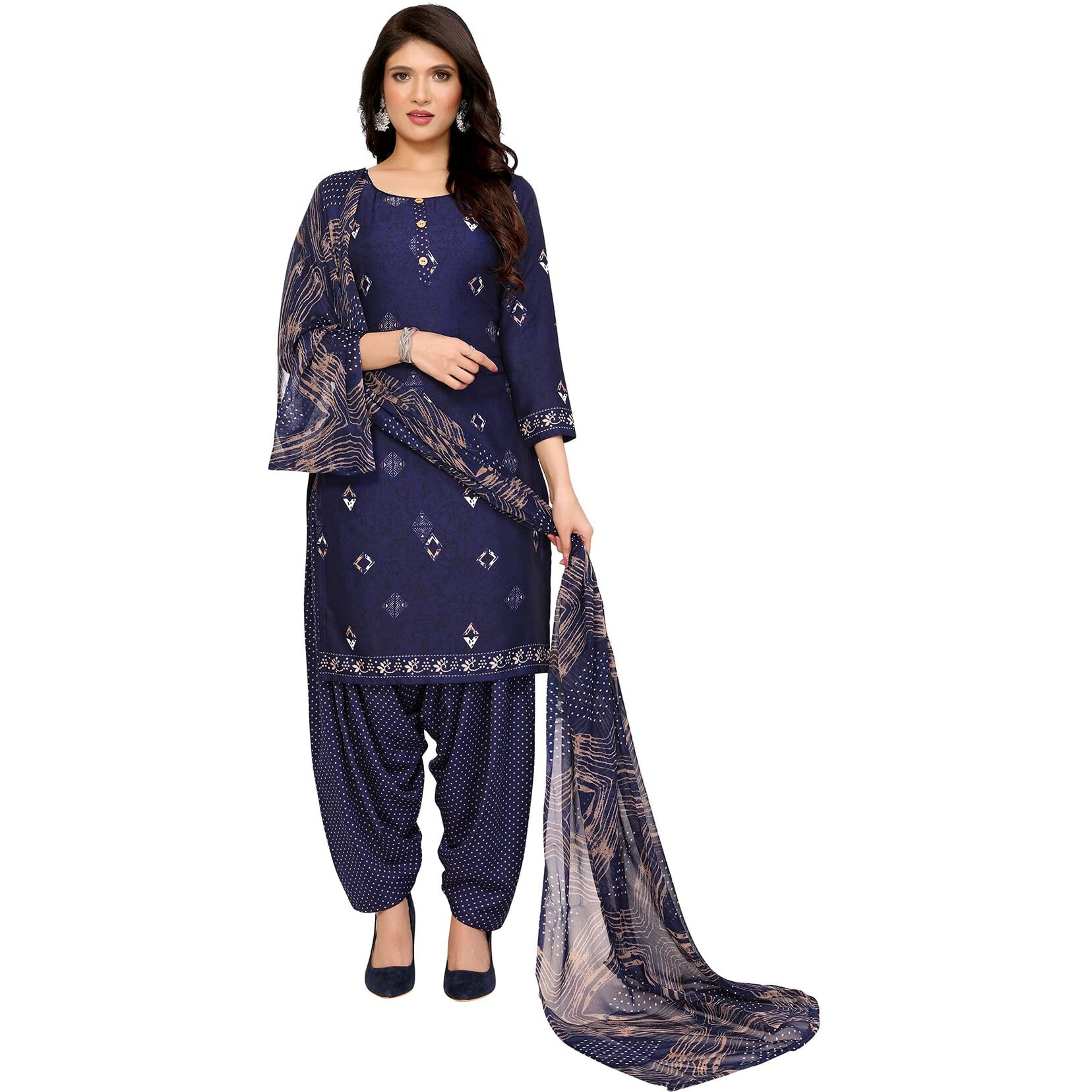 Yashika Women's Printed Dress Material - Unstitched Crepe Fabric Kurti, Pants & Dupatta Set (AZ-YS-P1-KUNDAN NAVY)