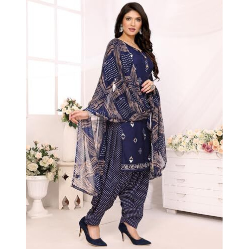 Yashika Women's Printed Dress Material - Unstitched Crepe Fabric Kurti, Pants & Dupatta Set (AZ-YS-P1-KUNDAN NAVY)