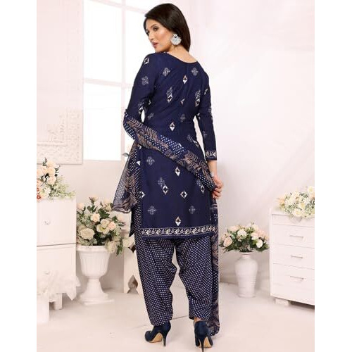 Yashika Women's Printed Dress Material - Unstitched Crepe Fabric Kurti, Pants & Dupatta Set (AZ-YS-P1-KUNDAN NAVY)