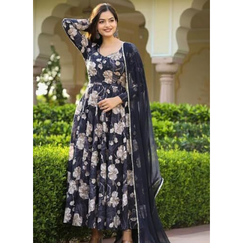 Yashika Women's Regular Fit Kurta Set in Navy Blue Floral Color and Georgette Fabric with Only Dupatta (AZ-YS-OG-KS2153-Parent, Medium