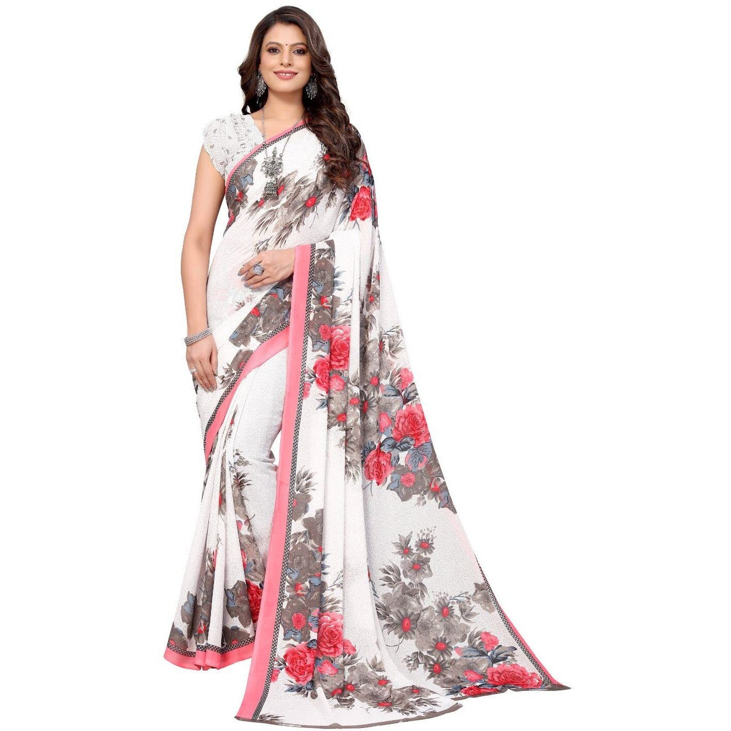 Yashika Women's Jacquard Georgette Saree (APSARA White_W
