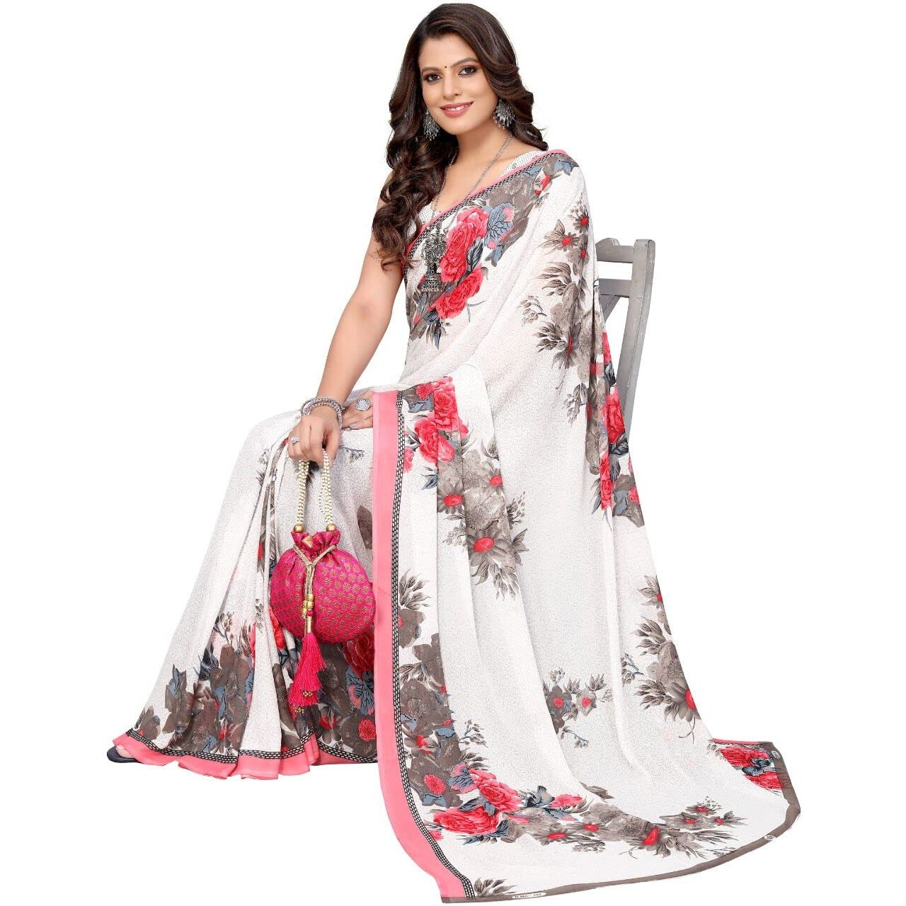 Yashika Women's Jacquard Georgette Saree (APSARA White_W