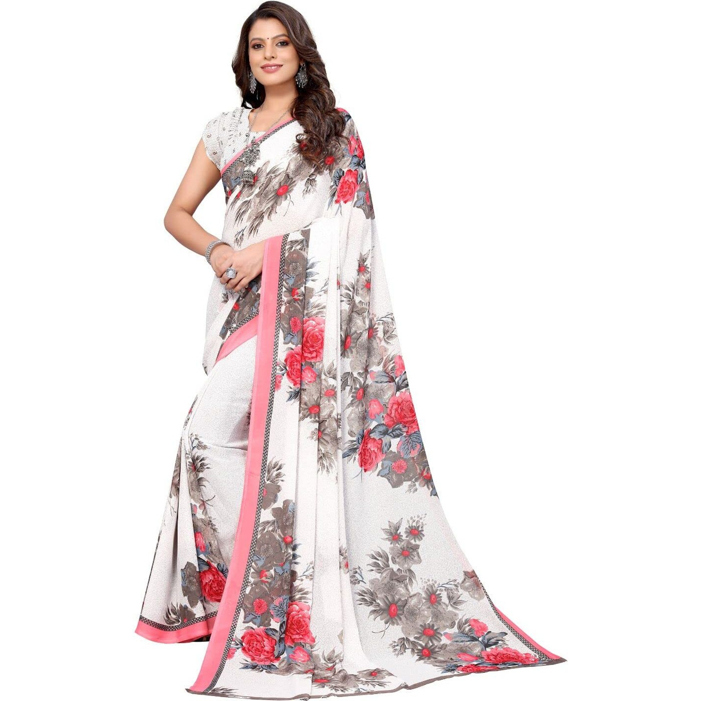 Yashika Women's Jacquard Georgette Saree (APSARA White_W