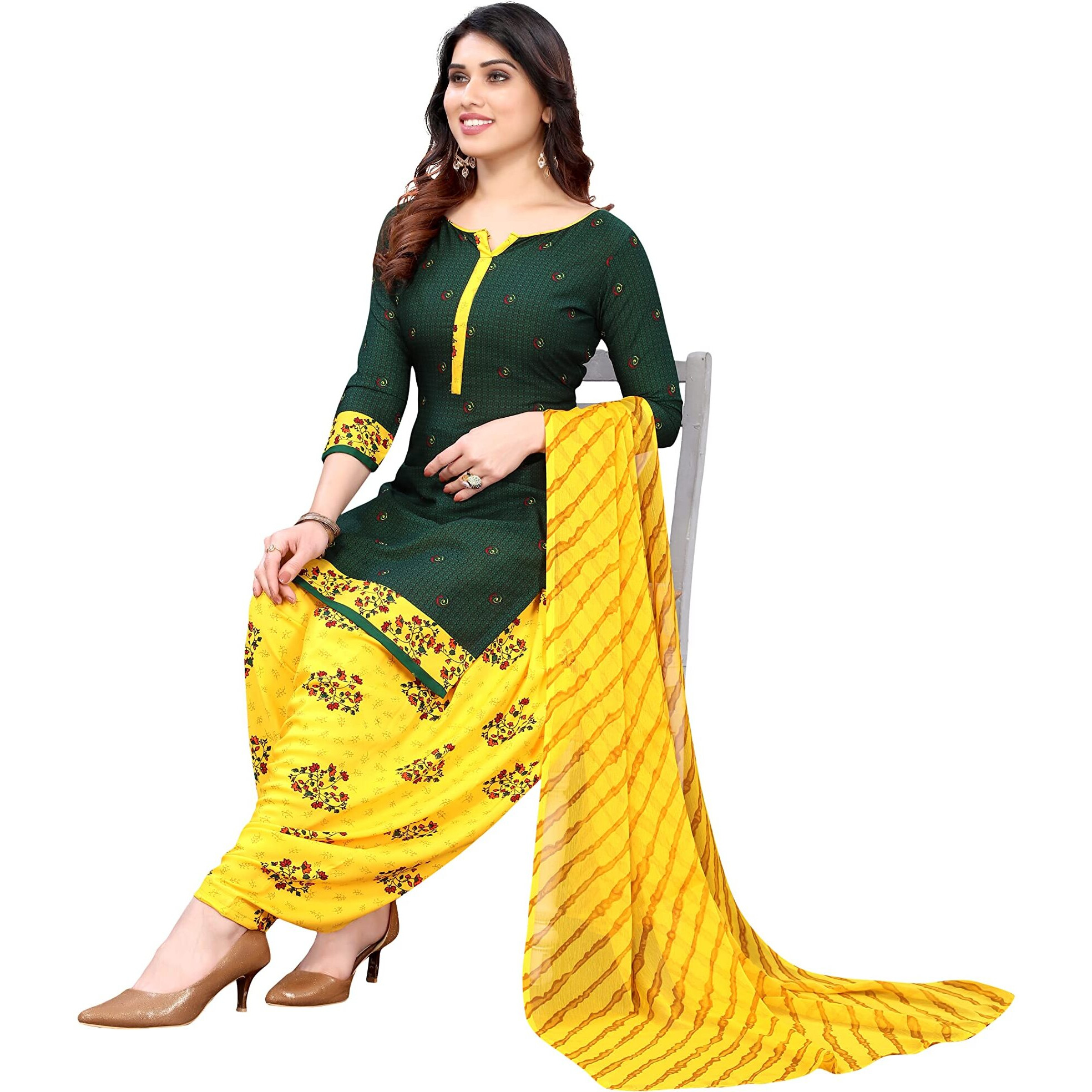 Yashika Women's French Crepe Printed Unstiched Dress Material(PRAMILA GREEN),Dark Green,Free Size