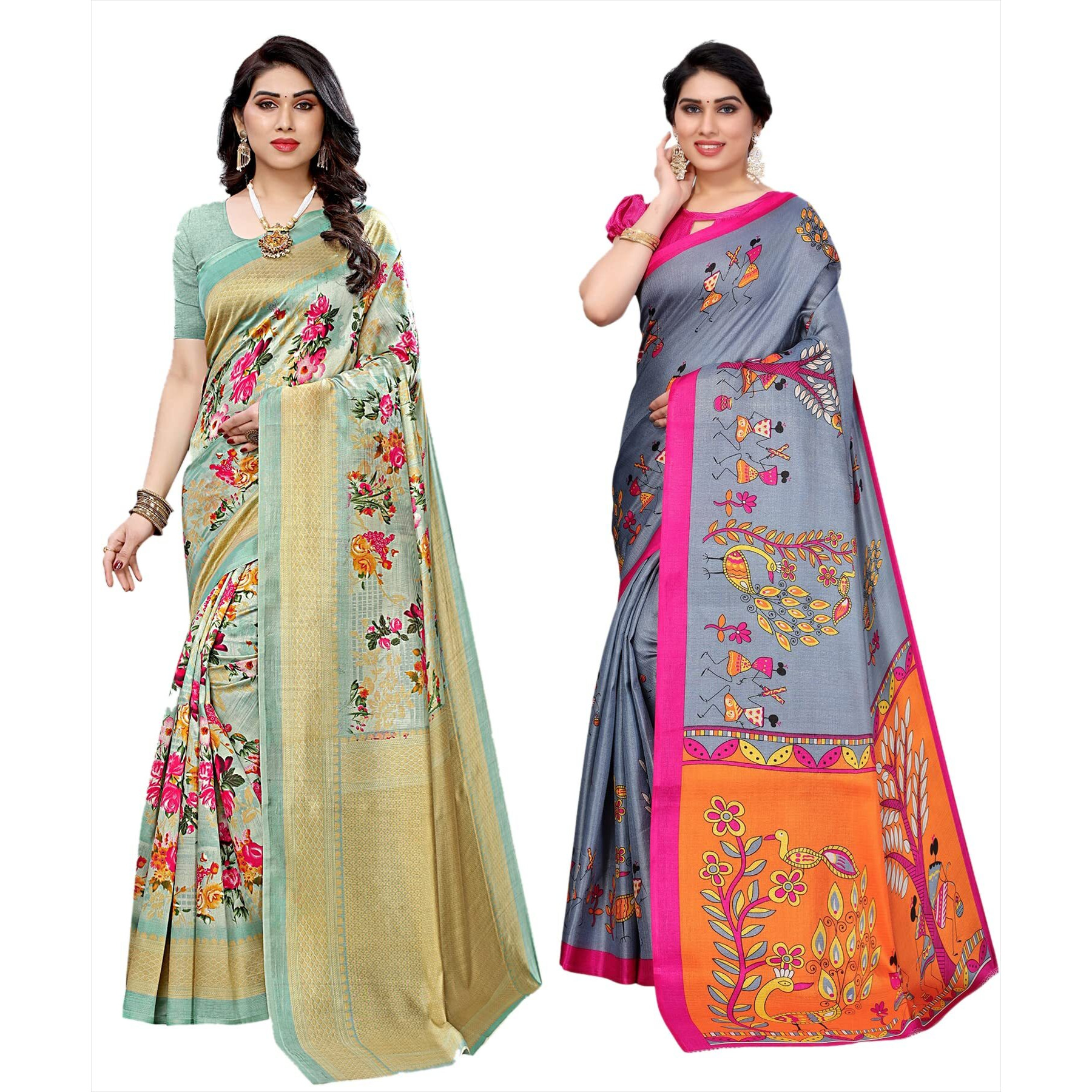 Yashika Women's Combo Art Silk Printed Saree With Blouse Piece Pack Of 2(AIR LIGHT GREEN-DANDIYA GREY)