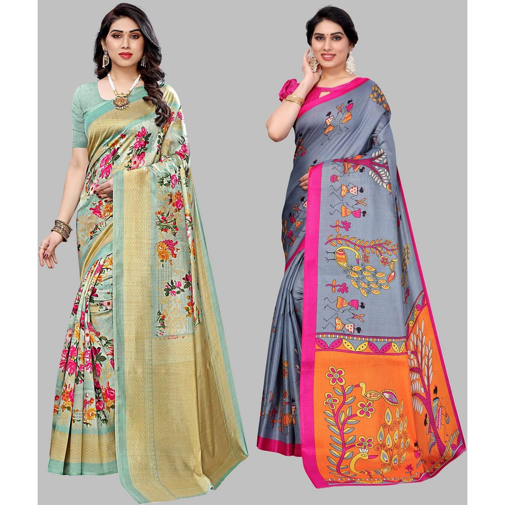 Yashika Women's Combo Art Silk Printed Saree With Blouse Piece Pack Of 2(AIR LIGHT GREEN-DANDIYA GREY)
