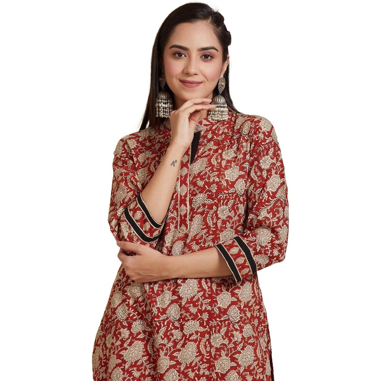 Yashika Women's Cotton Floral Regular Kurta Fusion at Its Finest Experience The Perfect Blend of Fashion and Tradition with Our Printed Sets (AZ-YS-OG-KS2143-Parent_Maroon_S)