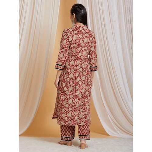 Yashika Women's Cotton Floral Regular Kurta Fusion at Its Finest Experience The Perfect Blend of Fashion and Tradition with Our Printed Sets (AZ-YS-OG-KS2143-Parent_Maroon_S)