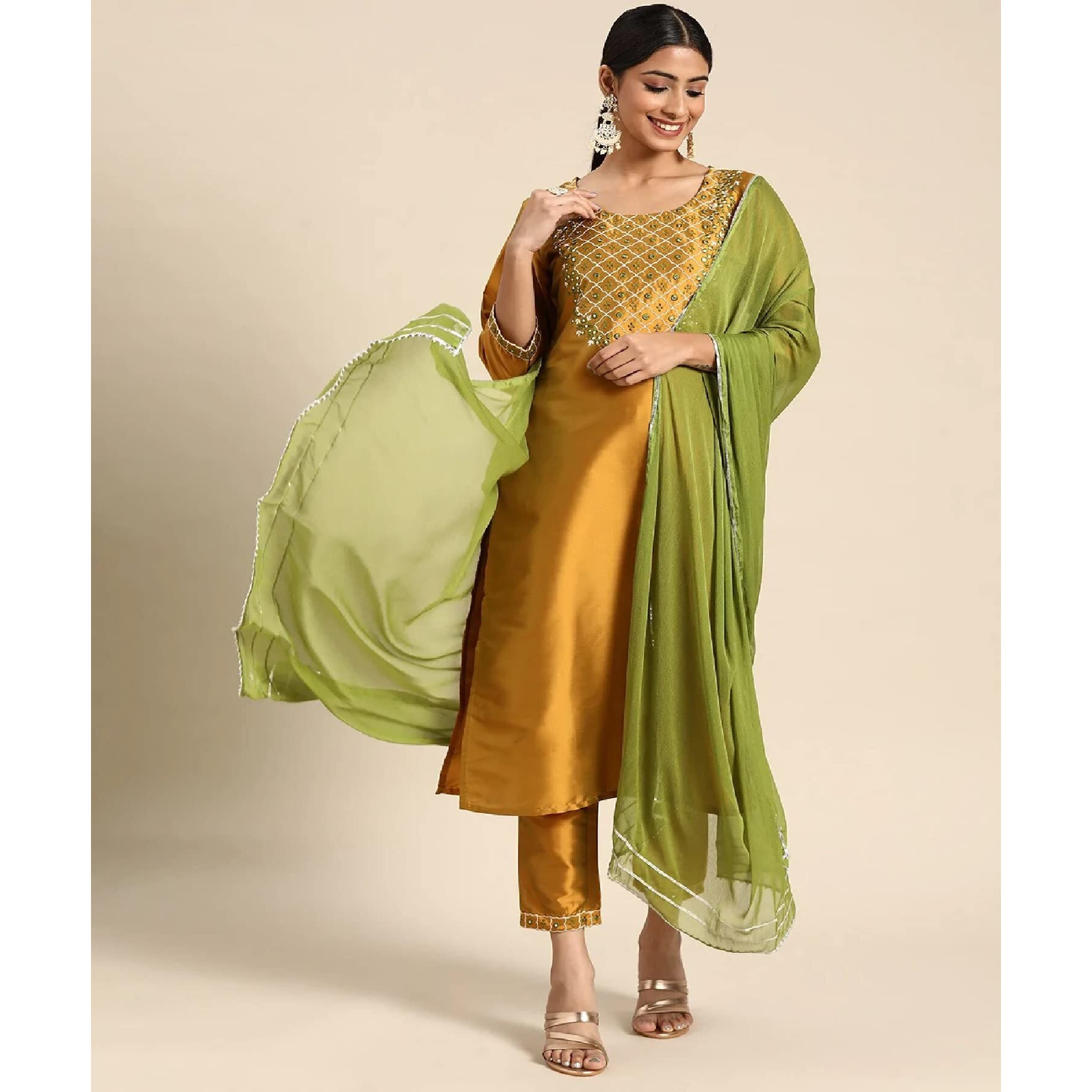 Yashika Women's Art Silk Mustard Color Kurta Pant with Dupatta Set (Ys-Ks2048-S) (Ys-Ks2037-Ks2050-P_Yellow, Regular Fit