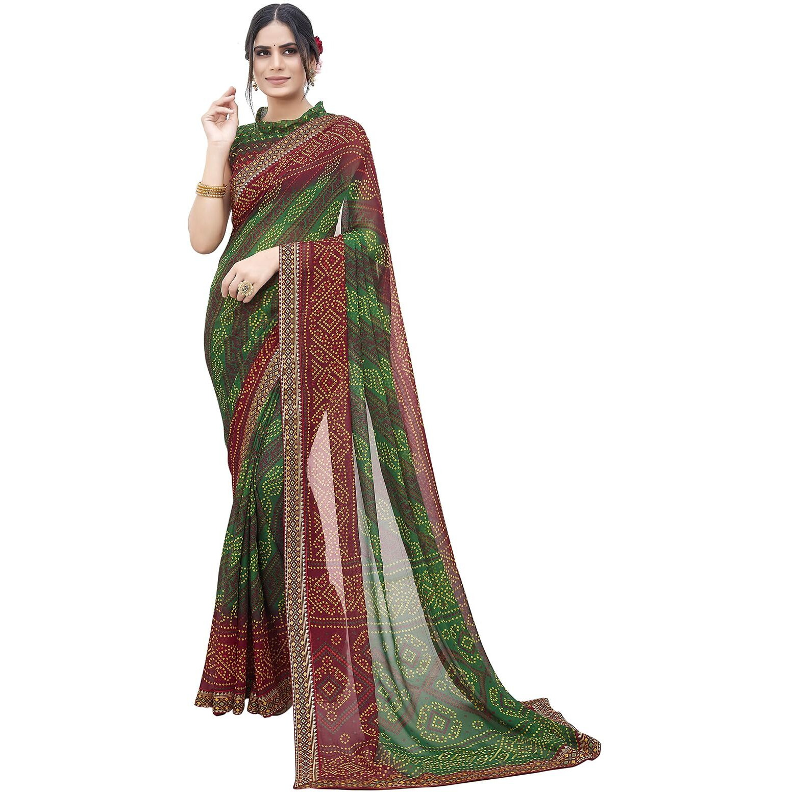 Yashika Women's Georgette Saree Printed Saree With Unstitched Blouse Material - Suitable For All Indian Occasions and Festivals (AZ-YS-OG-BASANT GREEN MAROON)