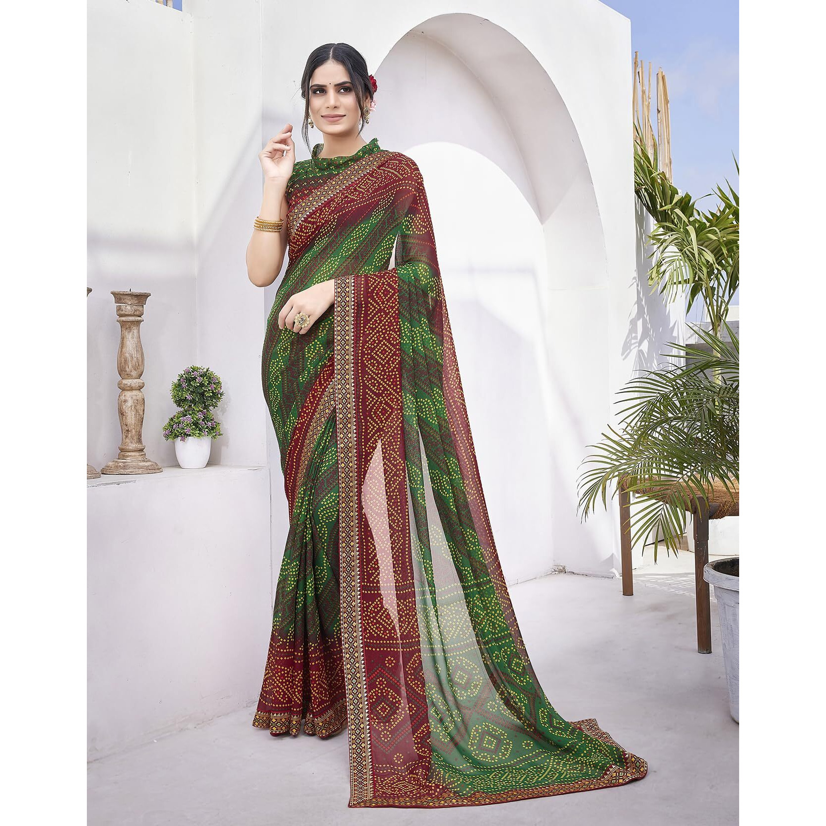 Yashika Women's Georgette Saree Printed Saree With Unstitched Blouse Material - Suitable For All Indian Occasions and Festivals (AZ-YS-OG-BASANT GREEN MAROON)