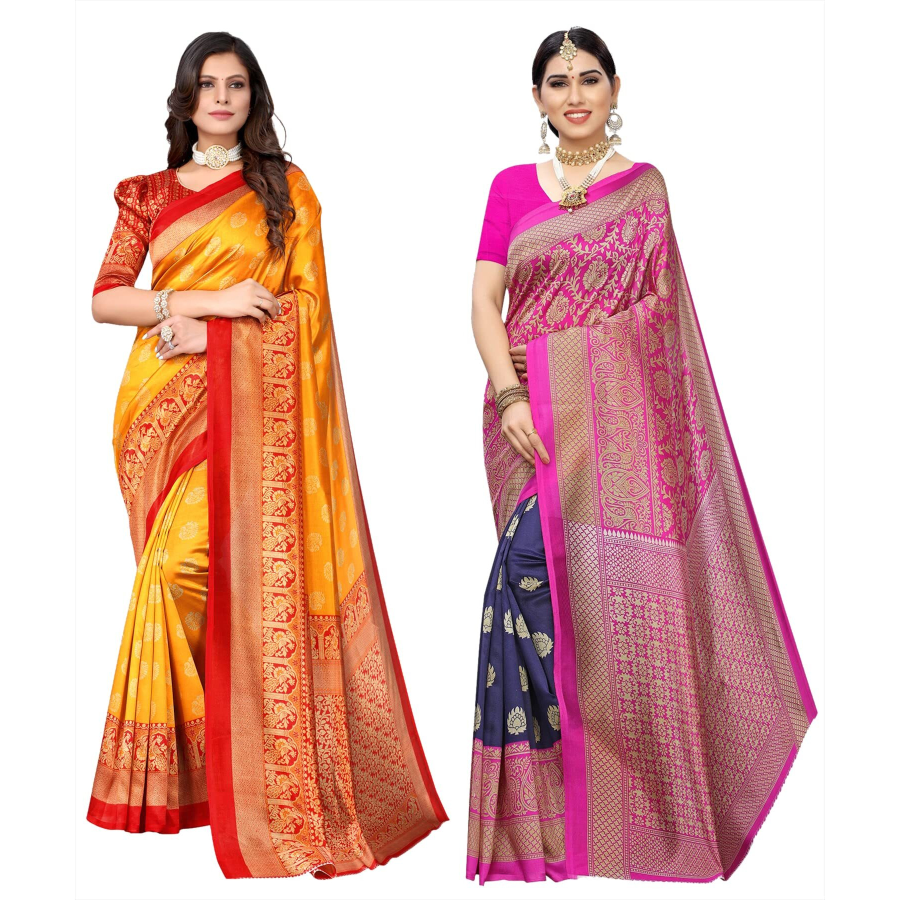 Yashika Women's Combo Art Silk Printed Saree With Blouse Piece Pack Of 2(MINALI MUSTARD-METRO NAVY)