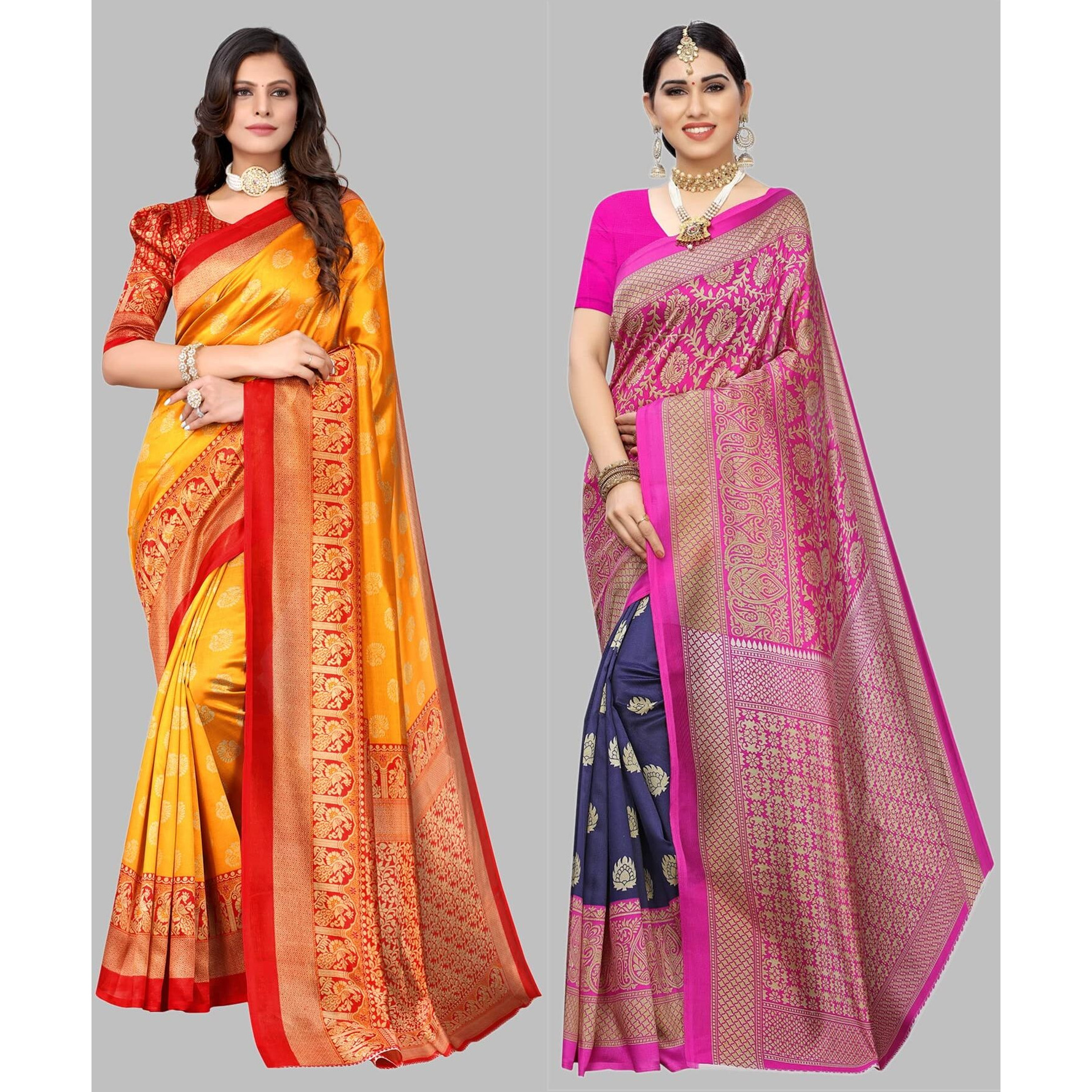 Yashika Women's Combo Art Silk Printed Saree With Blouse Piece Pack Of 2(MINALI MUSTARD-METRO NAVY)