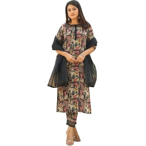 ANNI DESIGNER Women's Rayon Blend Printed Straight Kurta with Pant & Dupatta (Keech Black_XL_Black_X-Large)