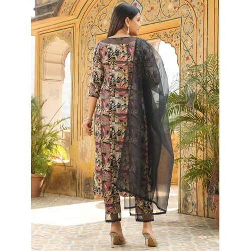 ANNI DESIGNER Women's Rayon Blend Printed Straight Kurta with Pant & Dupatta (Keech Black_XL_Black_X-Large)