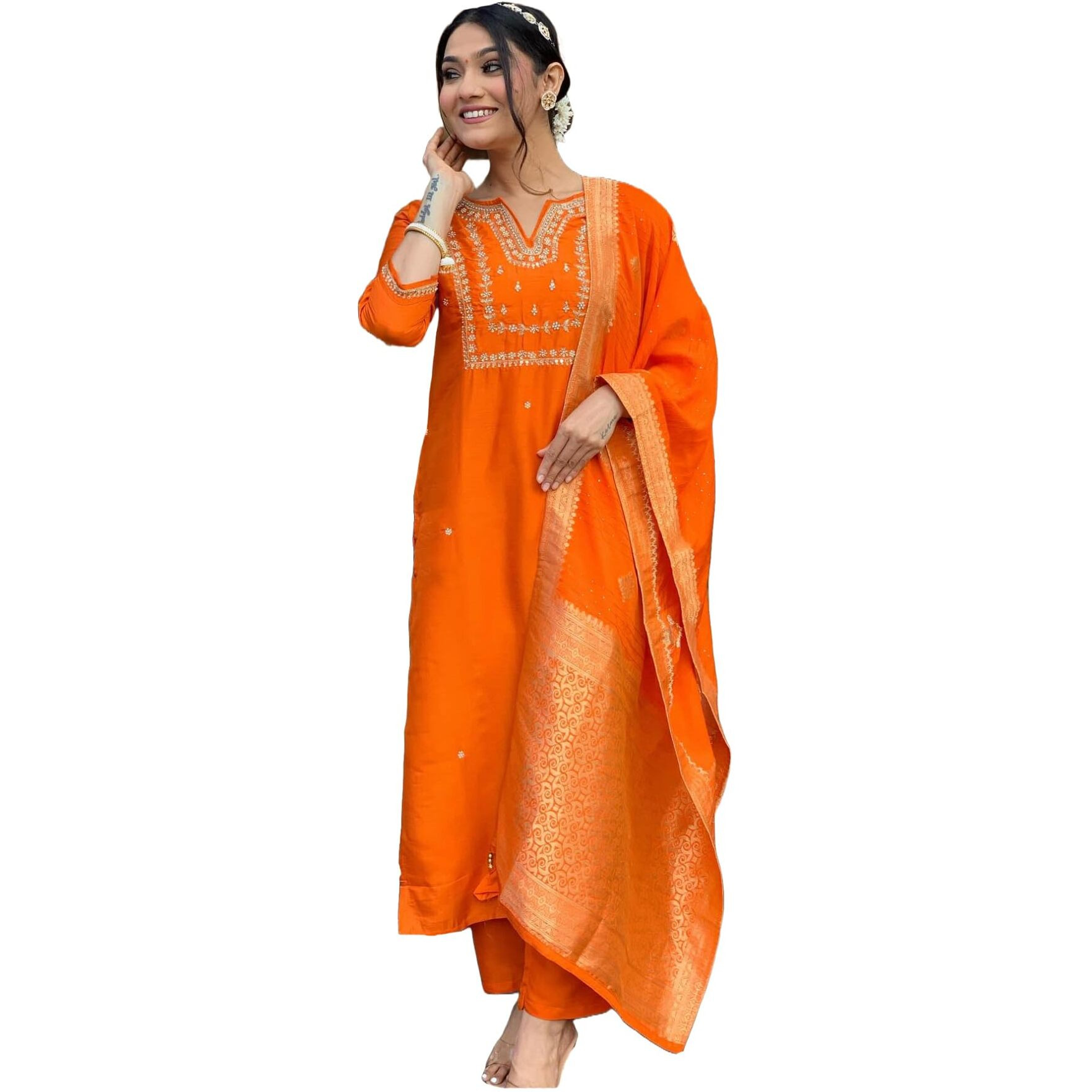 ANNI DESIGNER Women's Rayon Blend Straight Embroidered Kurta with Pant & Dupatta (MANUSHI Orange-VKS01_XL_Orange_X-Large)