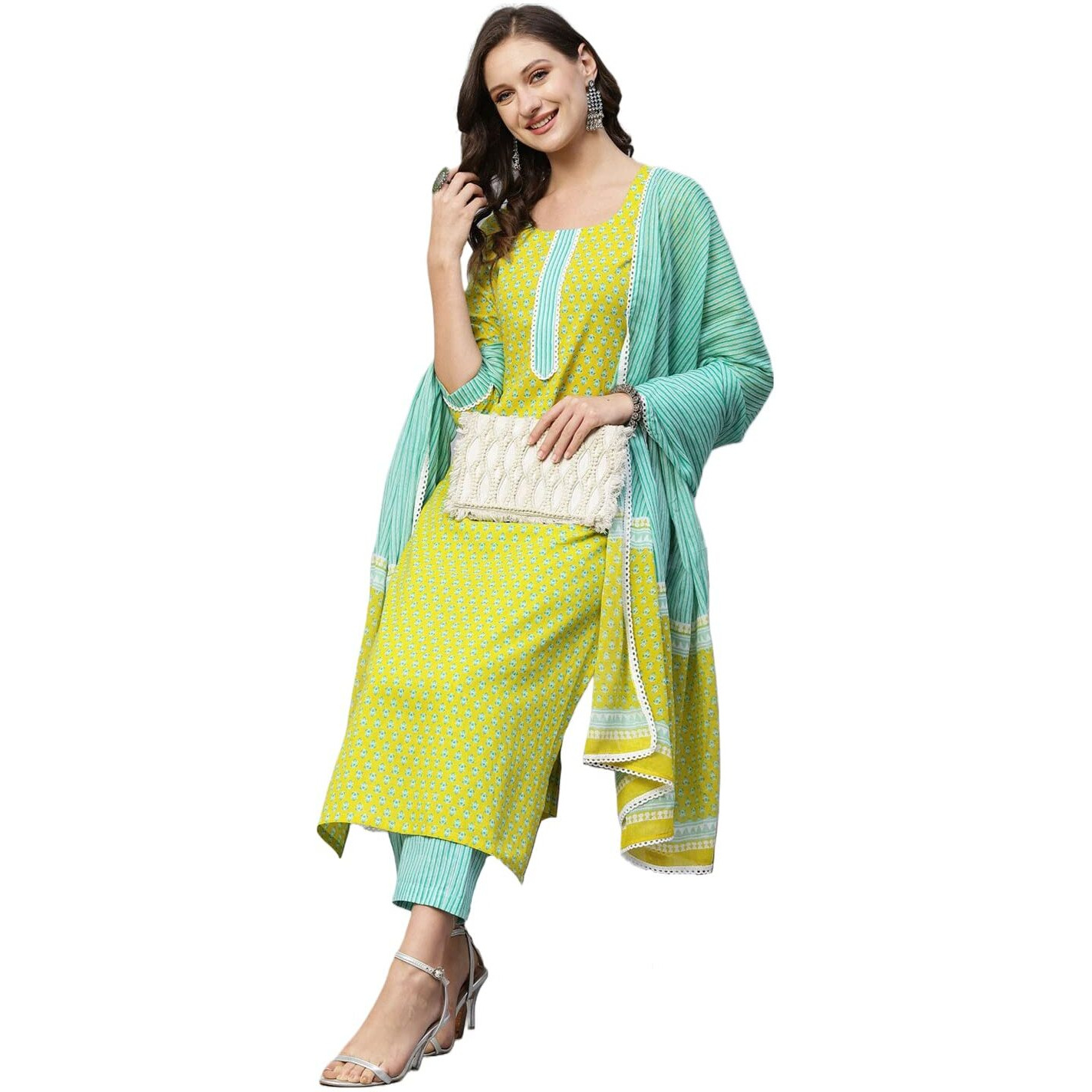 ANNI DESIGNER Women's Cotton Blend Straight Printed Kurta with Pant & Dupatta (Inam Green-SNW_M_Green_Medium)