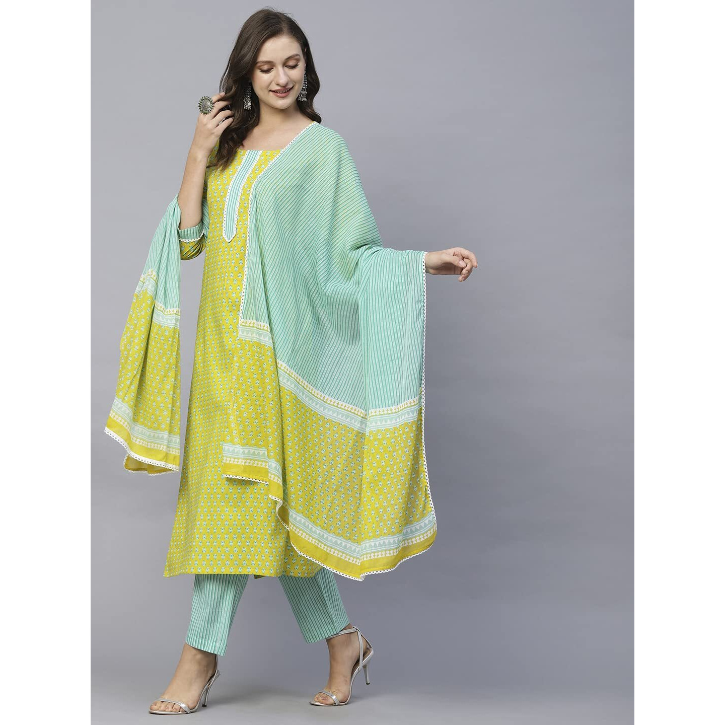 ANNI DESIGNER Women's Cotton Blend Straight Printed Kurta with Pant & Dupatta (Inam Green-SNW_M_Green_Medium)