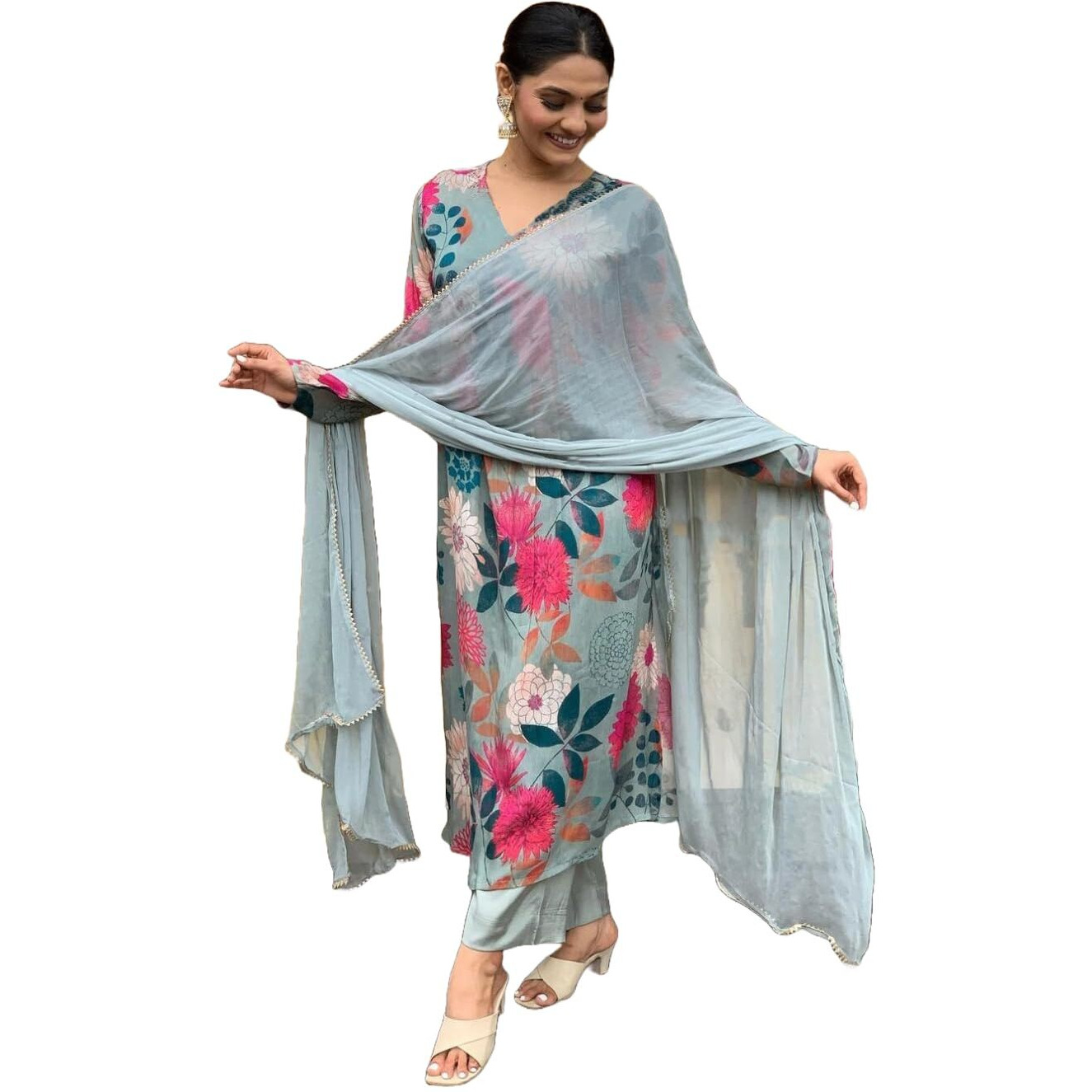 ANNI DESIGNER Women's Cotton Blend Straight Printed Kurta with Pant & Dupatta (AD312 Green_S_Green_Small)
