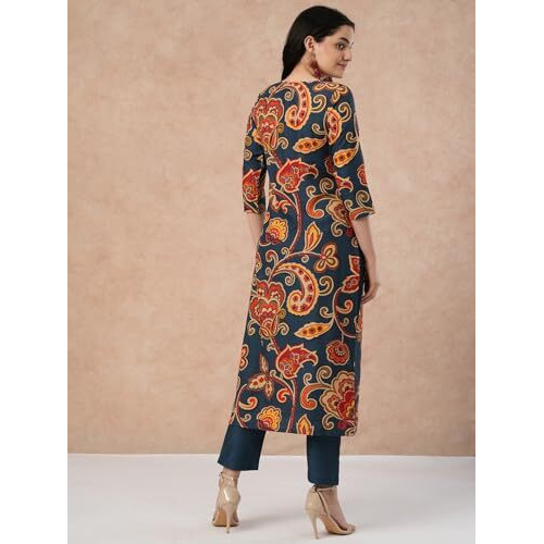 ANNI DESIGNER Women's Cotton Blend Straight Printed Kurta with Pant (Tinka Kerosin-NW_S_Dark Blue_Small)