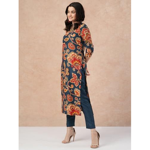 ANNI DESIGNER Women's Cotton Blend Straight Printed Kurta with Pant (Tinka Kerosin-NW_S_Dark Blue_Small)