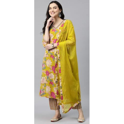 ANNI DESIGNER Women's Cotton Blend Straight Printed Kurta with Pant & Dupatta (GANITA Mustard_XL_Mustard_X-Large)
