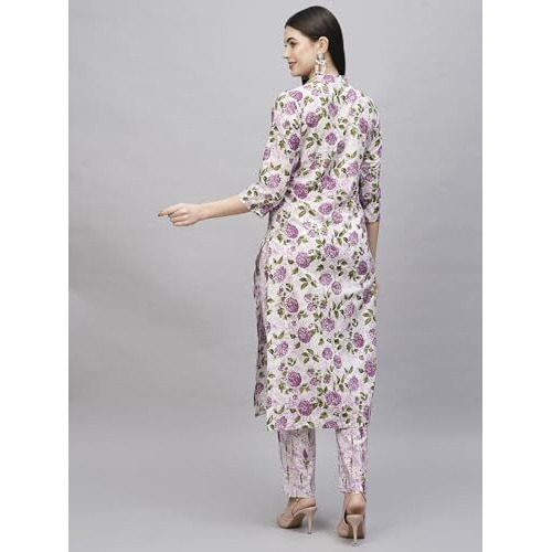 ANNI DESIGNER Women's Cotton Blend Straight Printed Kurta with Pant (Dafiya Purple_M_Purple_Medium)