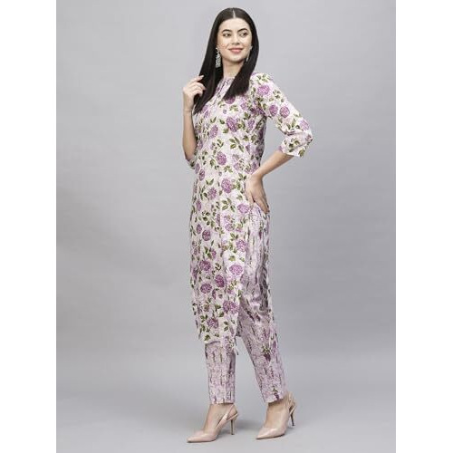 ANNI DESIGNER Women's Cotton Blend Straight Printed Kurta with Pant (Dafiya Purple_M_Purple_Medium)