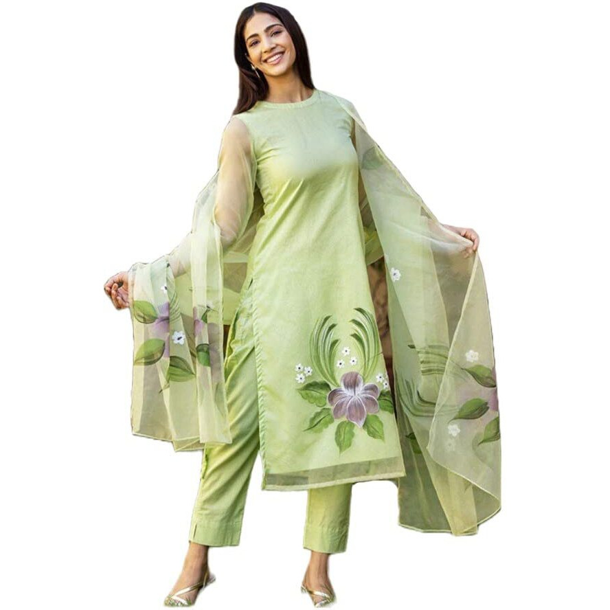 ANNI DESIGNER Women's Chanderi Cotton Straight Printed Kurta with Pant & Dupatta (Idika Green_M_Green_Medium)