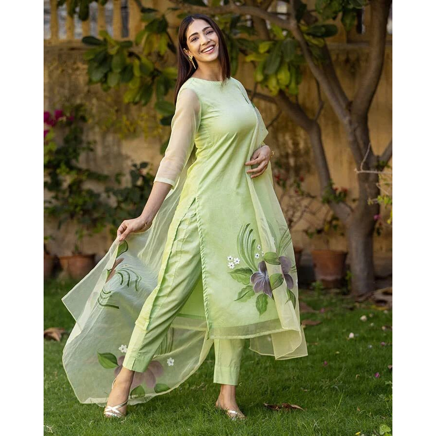 ANNI DESIGNER Women's Chanderi Cotton Straight Printed Kurta with Pant & Dupatta (Idika Green_M_Green_Medium)