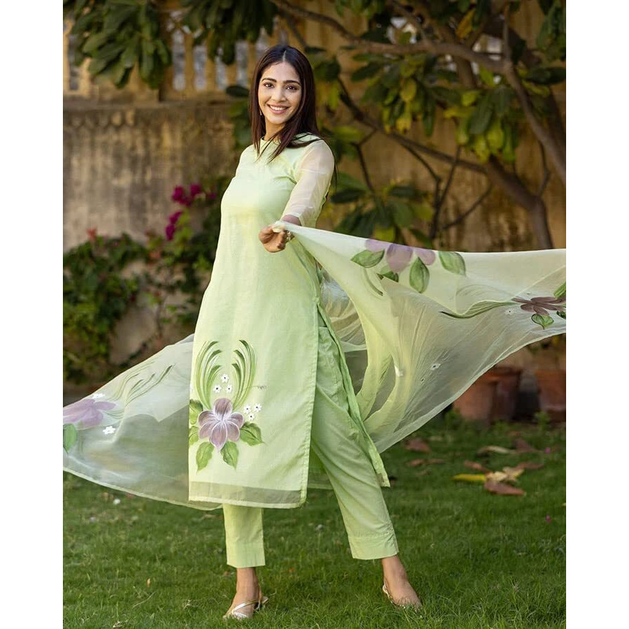ANNI DESIGNER Women's Chanderi Cotton Straight Printed Kurta with Pant & Dupatta (Idika Green_M_Green_Medium)