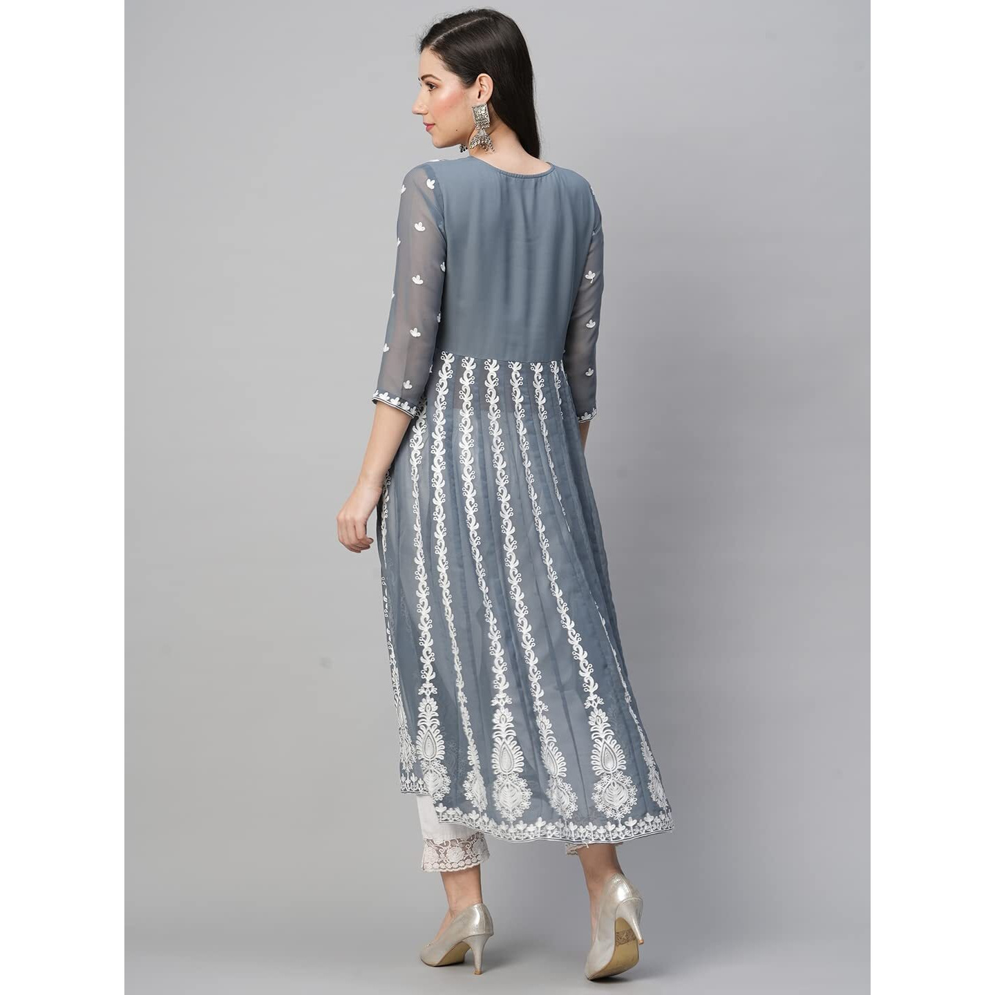 ANNI DESIGNER Women's Georgette Chikankari Embroidered Anarkali Kurti (Kari Grey_L_Dark Grey_Large)