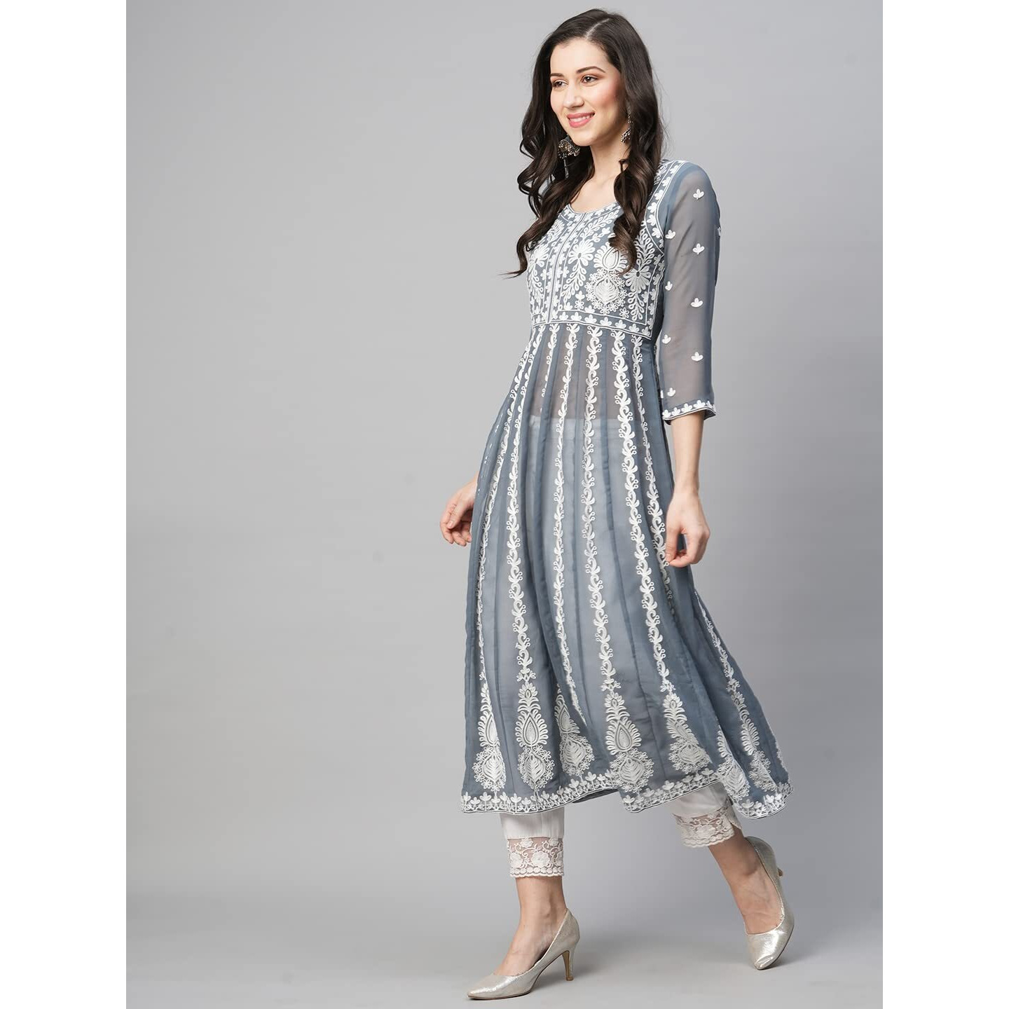 ANNI DESIGNER Women's Georgette Chikankari Embroidered Anarkali Kurti (Kari Grey_L_Dark Grey_Large)