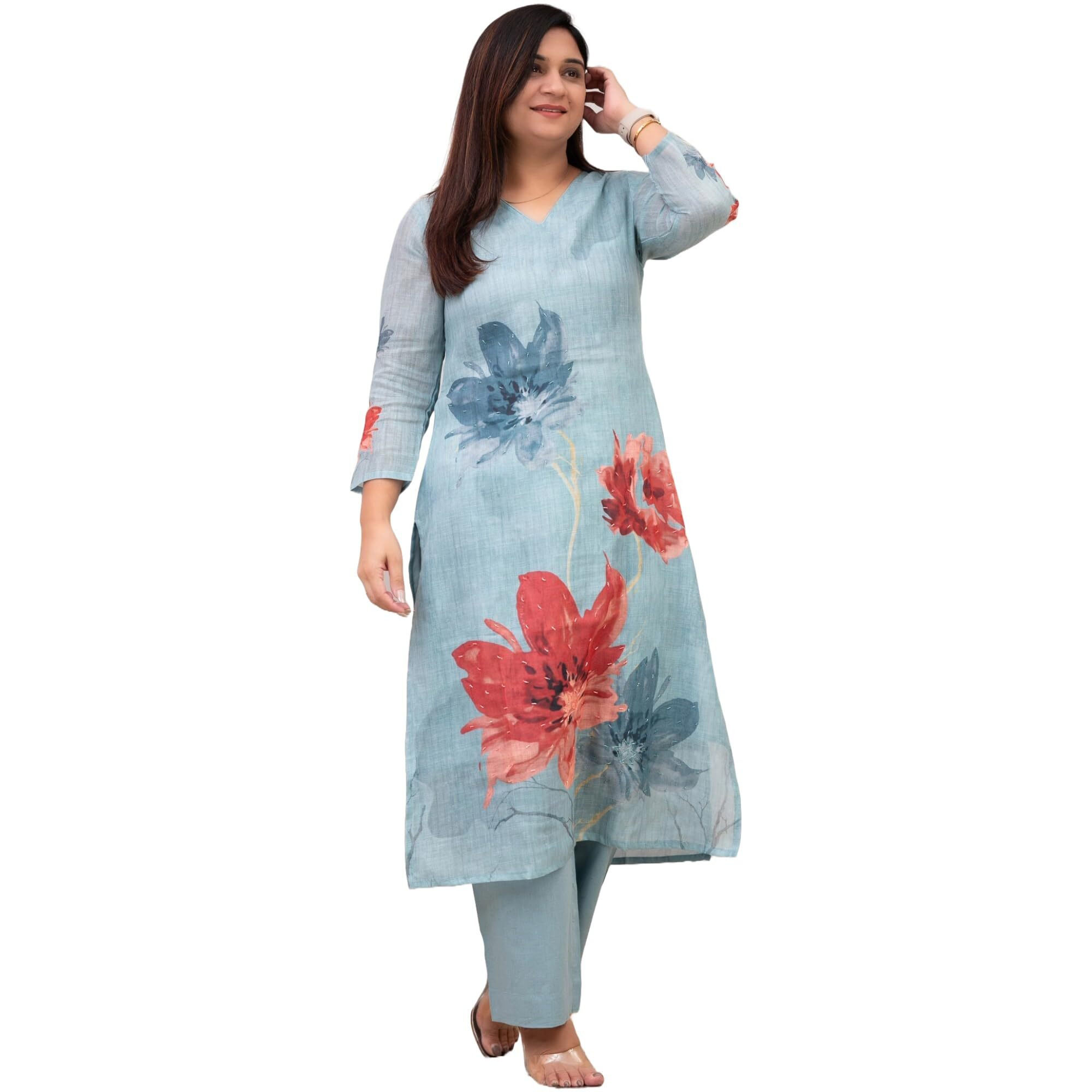 ANNI DESIGNER Women's Rayon Blend Straight Printed Kurta with Pant (Susan Sky_M_Sky Blue_Medium)