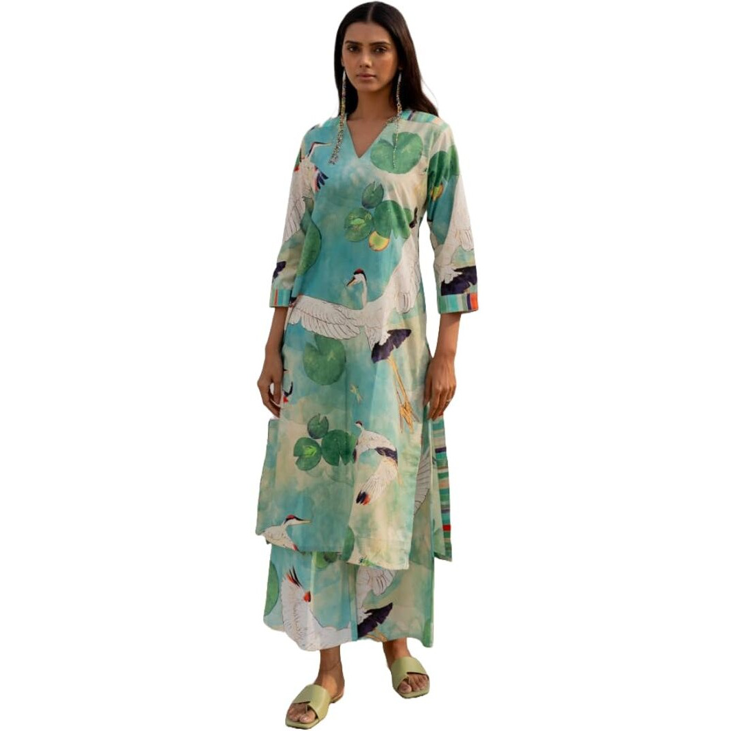 ANNI DESIGNER Women's Cotton Blend Straight Printed Kurta with Palazzo (Swans See Green_XXL_See Green_XX-Large)