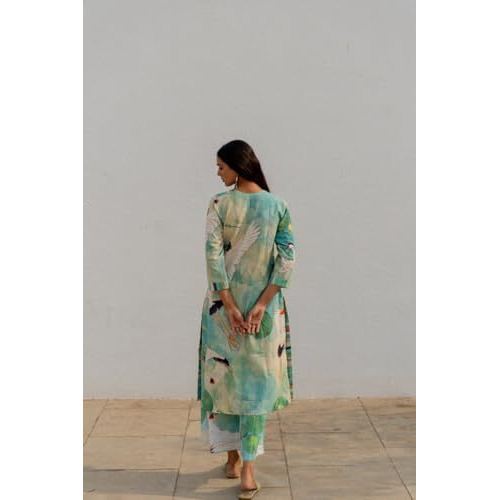 ANNI DESIGNER Women's Cotton Blend Straight Printed Kurta with Palazzo (Swans See Green_XXL_See Green_XX-Large)