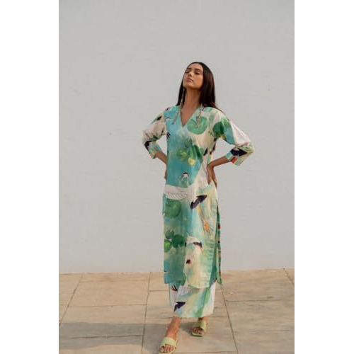 ANNI DESIGNER Women's Cotton Blend Straight Printed Kurta with Palazzo (Swans See Green_XXL_See Green_XX-Large)